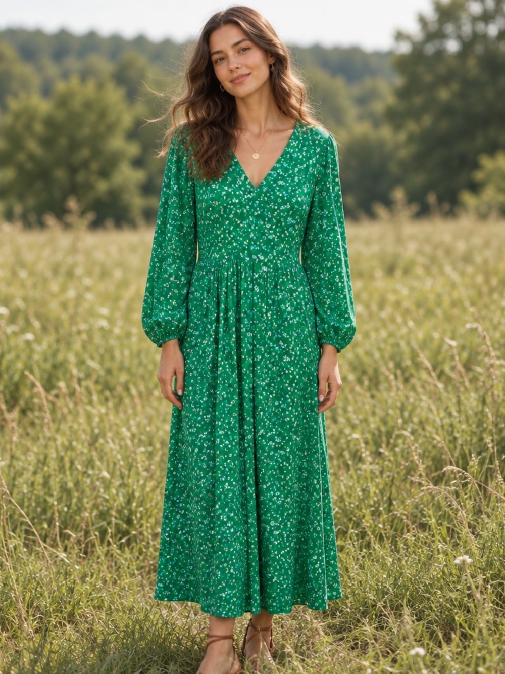 J.Jill Women’s Medium Green Floral Midi Dress Long Sleeve V-Neck Fit & Flare